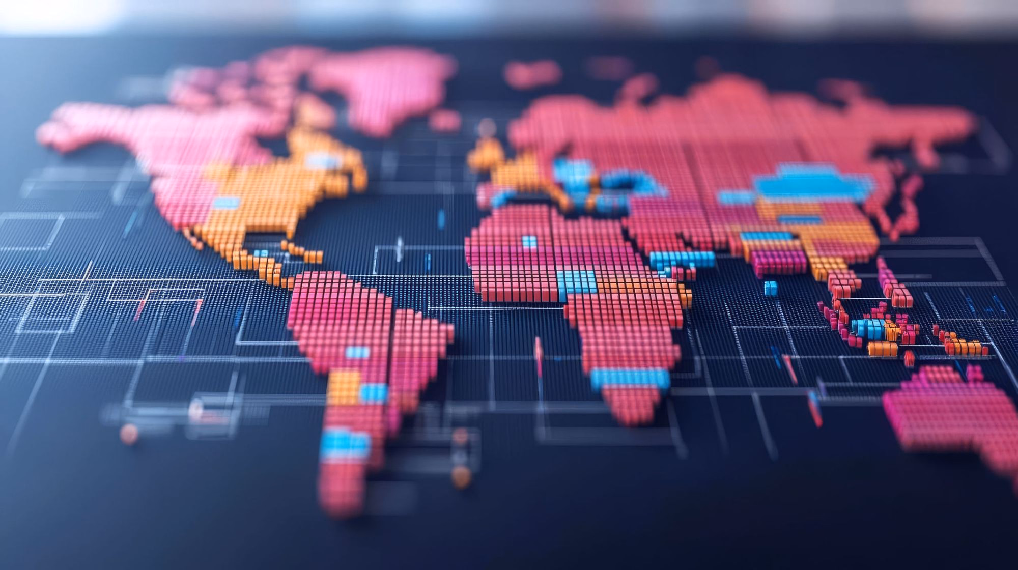 Digitale Weltkarte mit markierten Beschaffungsmärkten in Asien, Europa und Amerika