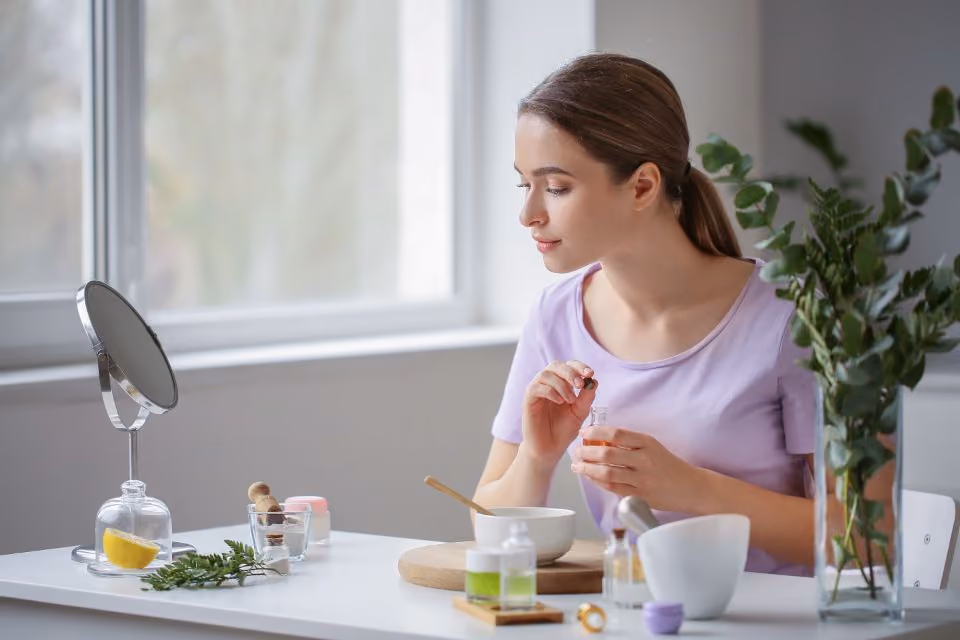 Frau prüft Kosmetikprodukte in Fläschchen